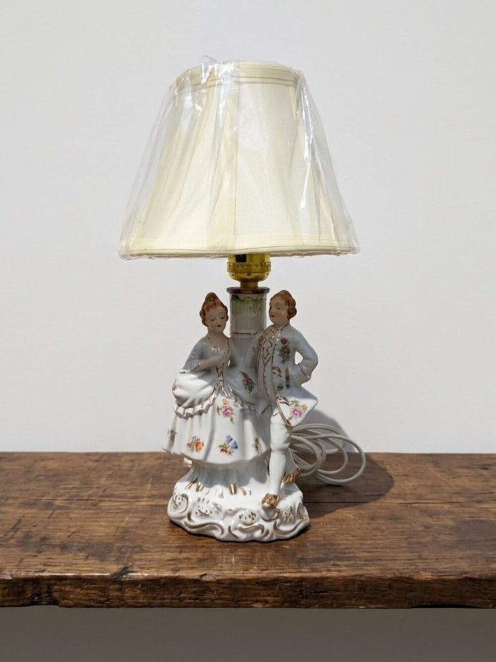 Vintage Porcelain Courting Couple Table Lamp Made in Japan 14" Floral Gold Trim